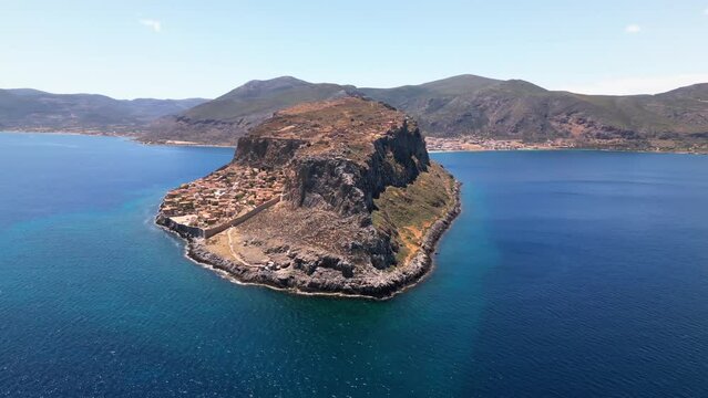 Aerial view of the old town of Monemvasia in Lakonia of Peloponnese, Greece