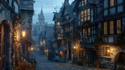 Naklejka premium Beautiful Medieval cityscape with historical architecture at night