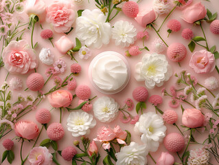 Cosmetic product embedded in a full floral circle of flowers in subtle white, pink and rose colors