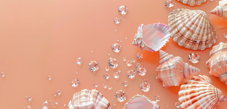 decorated seashells with beads and crystals on coral background