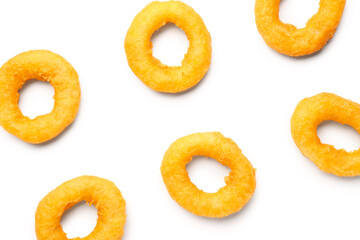 Fried breaded onion rings on white background