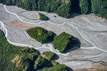 Gravel bed in the valley of the glacial Karangarua River, meander, Fox Glacier Haast, Whataroa, West Coast, New Zealand, Oceania