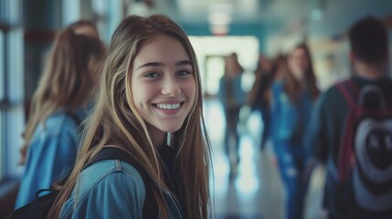 Fototapeta premium Happy Teenage Girl with Backpack in School Hallway