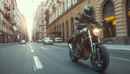 Rider accelerating through urban street