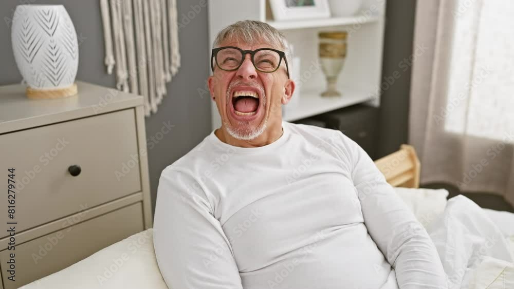 Sticker Frustrated middle-aged grey-haired man in pyjamas screaming in rage, venting his fury in bedroom. the embodiment of pure anger and aggression.