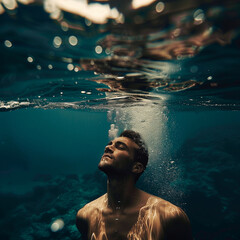 Portrait of a young adult Man dive or swim underwater surface. Guy enjoy seaworld on vacation.