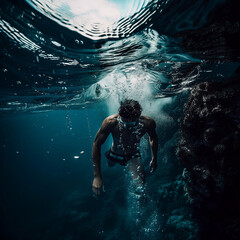 Underwater portrait of a man diving into blue sea.