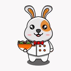 cute vector design illustration mascot chef rabbit serving food