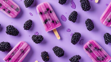 vibrant blackberry popsicles scattered on a purple background