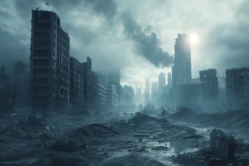 Post-apocalyptic city ruins under gloomy sky