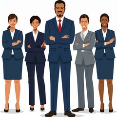 A diverse group of business team members, including a businesswoman, standing next to each other.