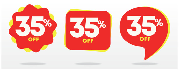 35% off. Discount price, value. Special offer tag, sticker. Advertising red, yellow, business. Campaign shop, sales, retail, store. Set, vector, icon