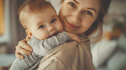 Loving mother hugs her little baby at home : Generative AI
