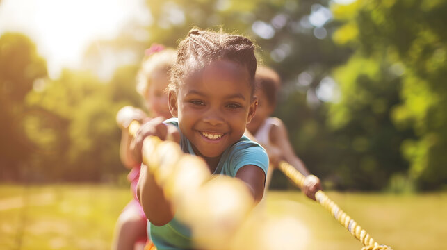 Kids play tug of war in sunny park Summer outdoor fun activity Group of mixed race children pull rope in school sports day Healthy outdoor game for little boy and girl : Generative AI