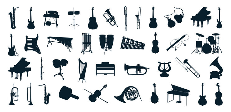 Big collection of Musical instruments silhouette.