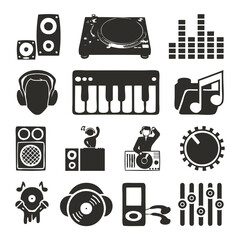 Icons of DJ staff and musical equipment set.