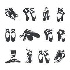 Ballet Shoes with Ribbon Laces Clipart Set Silhouette isolated on a white background.