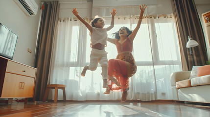 Excited Indian kid and happy mom holding hands jumping to music on floor Cheerful mother teaching kid to dance music in living room smiling laughing having fun Family activity concept : Generative AI