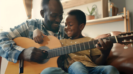 Happy african american father and son sitting on couch paying guitar together in sunny living room music hobbies free time childhood family togetherness and domestic life unaltered : Generative AI - Powered by Adobe