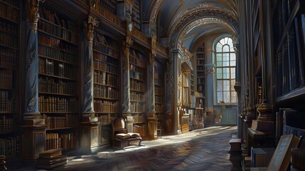 Fototapeta premium A majestic depiction of an old library in classical realism style, with rows of ancient books and a lone reader immersed in study, Close up