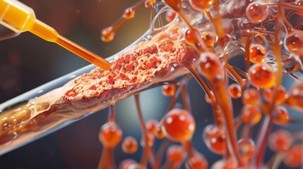A medical illustration of the process of bone marrow aspiration, depicting the extraction of marrow from a human bone for diagnostic tests, Close up