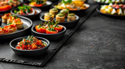 A modern banner featuring a variety of halal tapas, each dish creatively plated on black ceramic, with ample space for text above or below, Close up
