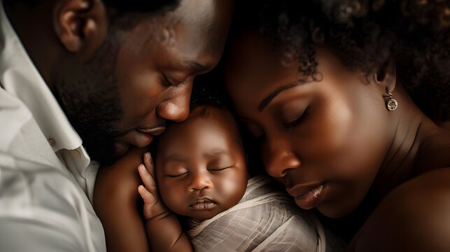Closeup of parents cuddling their newborn baby : Generative AI