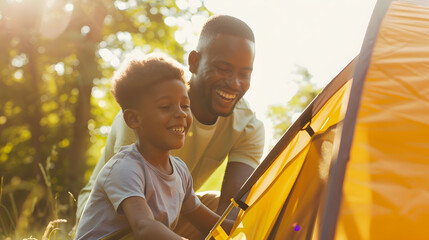 Happy african american son and father pitching tent together in sunny garden summer childhood fatherhood free time camping togetherness and outdoor activities unaltered : Generative AI
