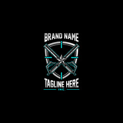 The logo illustration showcases a vector-style combination of a shield, a star, and two crossed mortars.