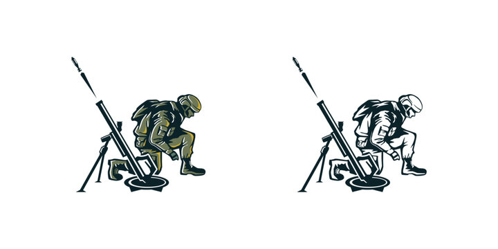 A vector illustration depicting a soldier firing a mortar shot.