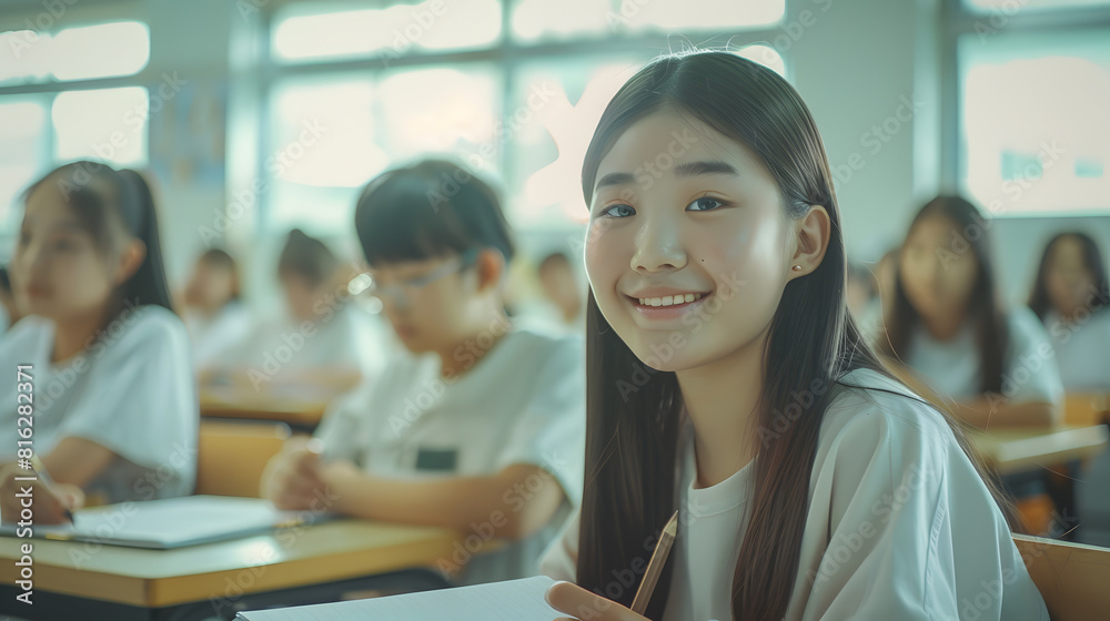 Poster Academic Concept Smiling junior asian school girl sitting at desk in classroom writing in notebook posing and looking at camera Group of diverse classmates studying in the background : Generative AI