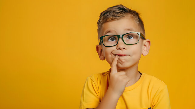 Portrait of funny thinking kid in glasses isolated on yellow background Five years old smart boy with finger near mouth Ask questions Critical thinking Back to school : Generative AI