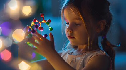 Little girl having fun holding a molecular model learning chemistry science in the classroom science laboratory : Generative AI
