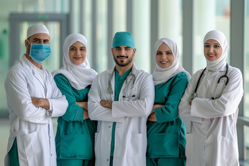 Photography of egyptian team of professional workers in a hospital.	