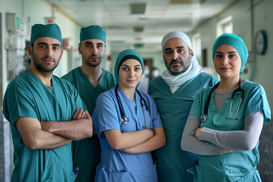 Photography of algerian team of professional workers in a hospital.	