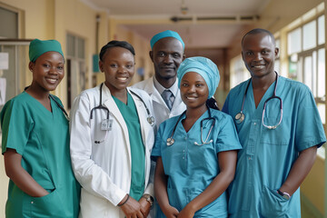 Photography of kenyan team of professional workers in a hospital.	