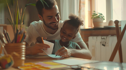 Smiling young european man helping little adopted african american daughter with homework sitting together at table Happy small biracial child girl involved in doing school tasks with  : Generative AI - Powered by Adobe