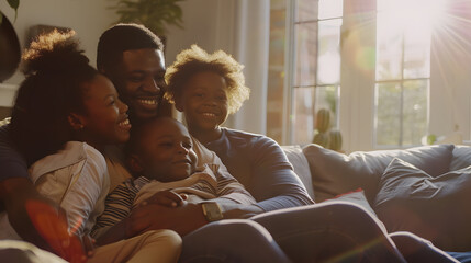 Portrait of happy african american couple with son and daughter on sofa at home lifestyle childhood family togetherness and domestic life unaltered : Generative AI - Powered by Adobe