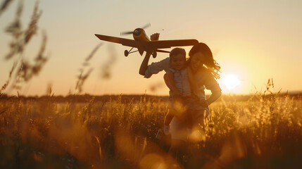 Happy family mother and kid with toy plane are running through the field at sunset : Generative AI