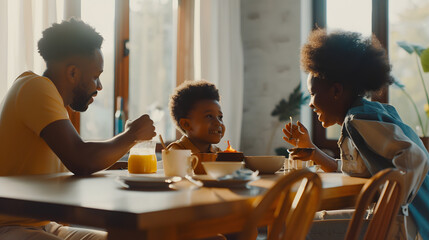 Cheerful african american parents and children talking while having breakfast at dining table Unaltered family togetherness childhood lifestyle food healthy happy and home concept : Generative AI - Powered by Adobe