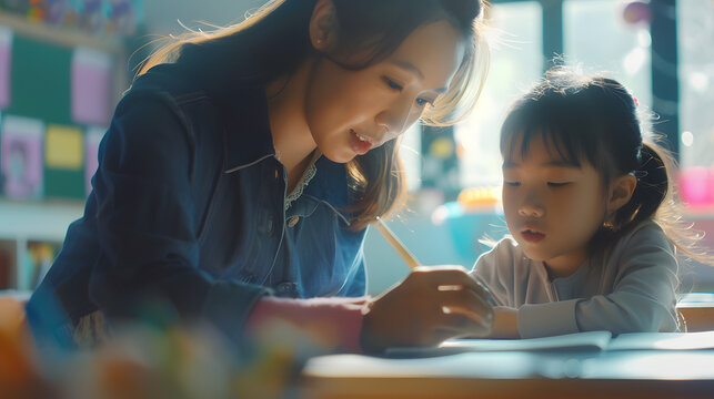 Pretty teacher helping pupil in classroom at the elementary school : Generative AI