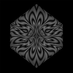 Geometric symmetrical abstract vector shape with wavy moire grid texture on black background. Metaverse concept background for wall art, panel, poster, web banner, mobile apps, interior decor. 