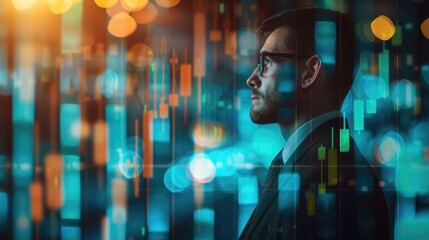 side profile of an investor in a suit with animated graphs and market trends superimposed, emphasizing data-driven investment strategies.