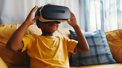Happy african american boy sitting on sofa using vr headset and touching virtual screen childhood communication fun and domestic life unaltered : Generative AI