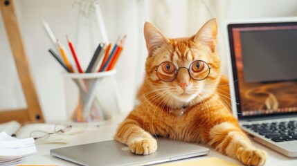 playful cat wearing round glasses, pawing at a laptop, with a desk full of office supplies and a...