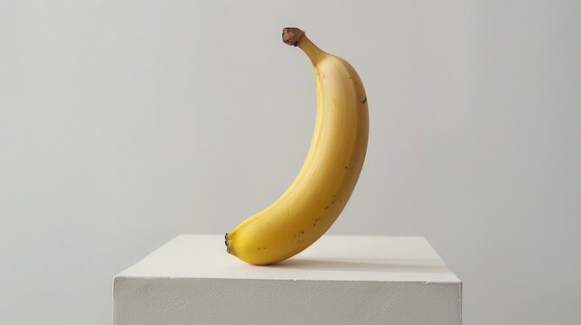 One banana standing upright on a white surface, with a simple and elegant presentation that draws attention to its vibrant color.