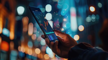 investor using a smartphone to check stock prices, with graphs and data visuals overlaid to represent real-time financial tracking. - Powered by Adobe