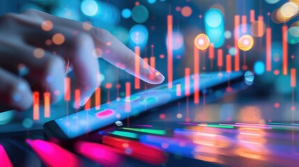 investor using a smartphone to check stock prices, with graphs and data visuals overlaid to represent real-time financial tracking.