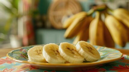 Freshly cut banana slices on a vintage plate, with a blurred background of a tropical-themed kitchen, creating a summery feel.