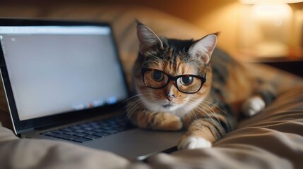 cute cat wearing glasses, intently staring at a laptop screen, with its paws resting on the keyboard, against a cozy home office backdrop.